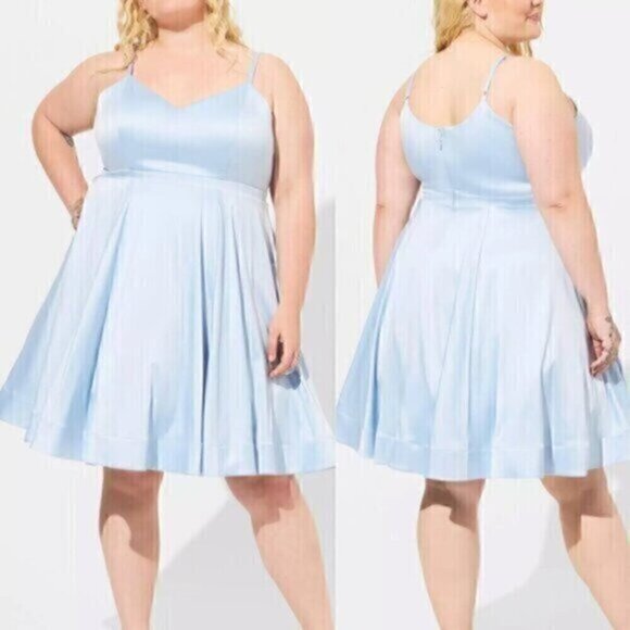 TORRID Plus Size Mini Satin Skater Dress Light Baby Blue Party Wedding Fit Flare - Picture 1 of 14